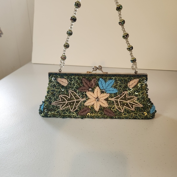 Y2K Beaded Clutch Purse Bag Green Satin Floral Whimsygoth Fairycore 90s Vintage - Picture 5 of 11